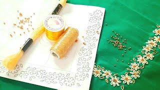 Lazydaisy flower embroidery design for kurtichuridar  neckline design for beginners [upl. by Aubert]