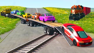 Flatbed Long Trailer Truck Speed Bumps Transport Car Rescue  Cars vs Train and Rails  BeamNGdrive [upl. by Ellwood876]