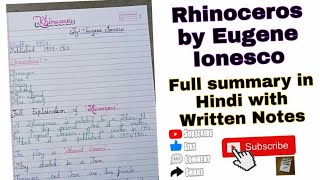 Rhinoceros by Eugene Ionesco Full summary in Hindi with written notes vbu 2022 full details [upl. by Nnylyma]