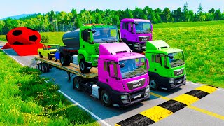 Double Flatbed Trailer Truck vs Speedbumps Train vs Cars BeamngDrive 14 [upl. by Melvyn]