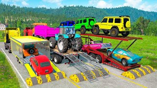 Double Flatbed Trailer Truck vs speed bumpsBusses vs speed bumpsBeamng Drive [upl. by Gib371]