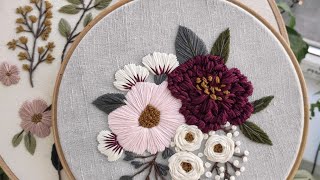 Pink and Burgundy peonies Hand embroidery for beginners [upl. by Linda122]