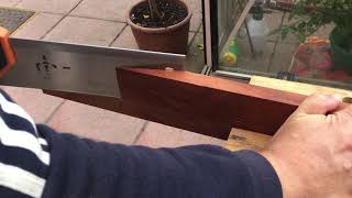 cutting a scarf joint for a guitar neck using a hand saw [upl. by Rdnaskela]