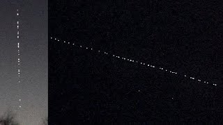 Very bright and long SpaceX Starlink Satellites Train March 8 2021  4 days after launch [upl. by Ailam310]