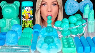 ASMR MUKBANG Teal Blue Dessert Edible Slime Blue Raspberry Drink Gummy Bear Strawberry Wax 먹방 [upl. by Eterg404]