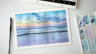 How to paint watercolor seascape beach sea cloudy sky easy for beginners [upl. by Glenna422]