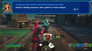 How to EASILY Defeat a Dueling character with a pistol or melee weapon in Fortnite locations Quest [upl. by Aihsemak]