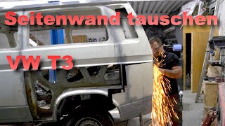 T3 Seitenwand Reparaturblech einsetzen Schweißen und Verkleben [upl. by Aleihs]