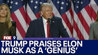 Trump praises Elon Musk as a genius in victory speech [upl. by Tiertza]