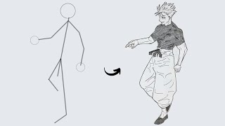 How to draw Gojo Satoru Full Body out of Stick Man  Easy Step by Step [upl. by Kristian710]