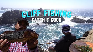 CLIFF FISHING CATCH amp COOK DELICIOUS KELP GREENLING [upl. by Atniuqal34]