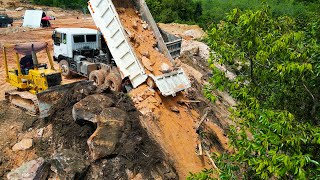 Excellent Land Filling Operator On The Mountains With 10 Wheels Trucks amp Dozer D37E Pushing Stone [upl. by Kean]