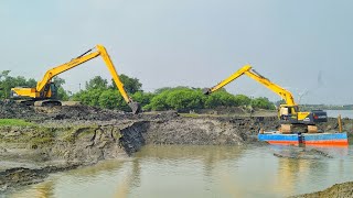 Excavator Working on River on pontoon HYUNDAI 245LR SMART Long Reach Excavator Digging The River [upl. by Dannye]